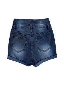 女士高腰优雅纽扣前牛仔短裤 - 深藍色 - 查看 5