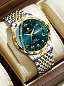 1pc Men's Rust-Proof 316 Stainless Steel Gold Plated Wire Green Black Dial 50m Waterproof Watch - Luminous Hands, English Calendar Date Precise Timekeeping Imported Quartz Movement From Japan High-Quality Luxury For Sport & Outdoor | US & Middle East Style Gift Father Husband Birthday Holiday Gifts
