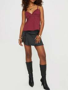 Women Babydoll Tank Tops Y2k Spaghetti Strap Cami Peplum Top Flowy Sleeveless Shirts Camisole - Màu Đỏ Sâu - Xem 2