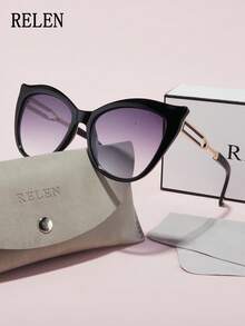 RELEN 1pc ELEN Brand Women Fashion Sunglasses, New Design Cat Eye Luxury Niche Personalized Versatile High Quality Street Style Accessories, Includes Eyeglasses Case And Cloth, Suitable For Beach, Outdoor, Cycling, Vacation, Sun Protection, Stage Performance, Party, Gathering - Multicolor - View 4