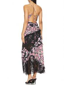 Summer Boho Maxi Dresses For Women Casual Y2k Floral Print Sleeveless Lace Patchwork Backless Ruffles Long Dress Spaghtti Strap Sling Dress Beach Vacation Sundress Streetwear Flowy Swing Dress - màu đen - Xem 6