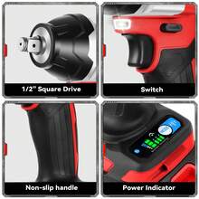ONEVAN Electric Wrenches, 1500W Brushless Impact Wrench With 1800Nm Torque, 1/2-Inch Impact Wrench, Electric Screwdriver, Drill Driver - Đỏ - Xem 11