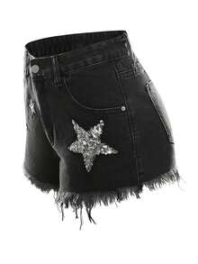 Pantaloni scurți de damă, negru, din denim, cu paiete, cu tiv uzat - Negru - Vizualizare 2