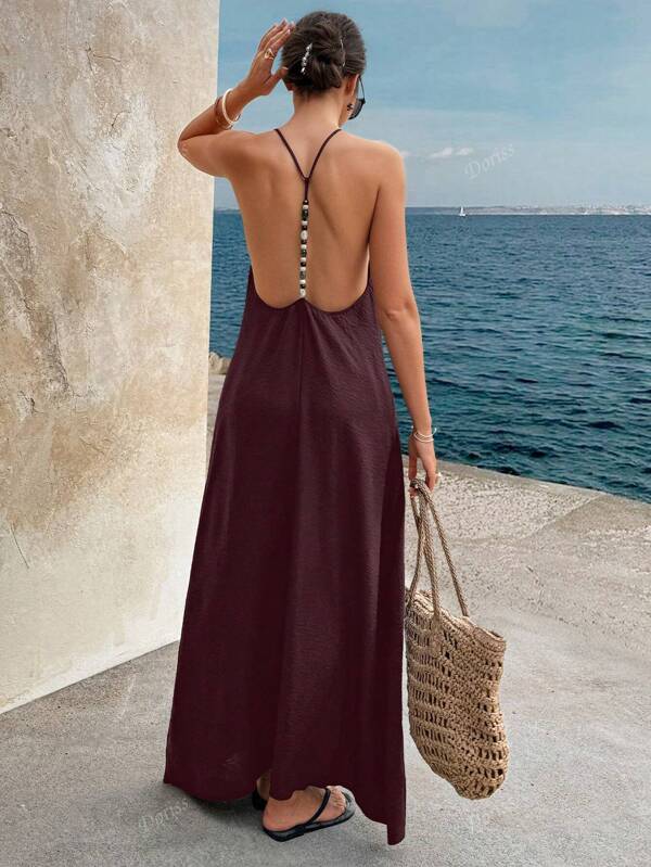 Vestido de verano para mujer de color liso con espalda calada y adornado con cuentas