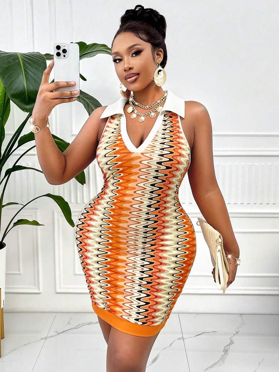大码 V 领翻领彩色条纹无袖紧身连衣裙（随机印花）