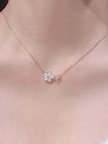 1pc Stainless Steel Cute Mother Of Pearl Sakura Flower Necklace For Women - Rose Gold - View 7