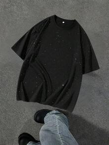 男士满天星印花休闲旅行度假街头透气真丝短袖圆领T恤，男士时尚休闲运动上衣，情侣装，休闲家居 - 黑色 - 查看 2