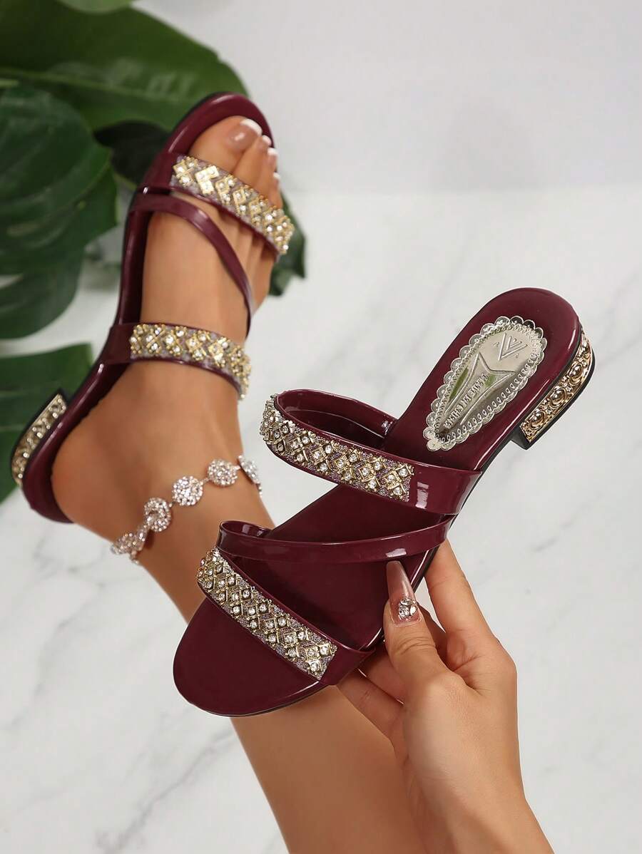 Women's Flat Sandals, Rhinestone&Glitter Dual-Wear Summer Slippers, Fashion Outdoor Wear