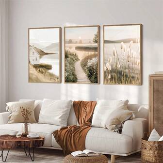1 Stück/3 Stücke rustikale See, Sonnenuntergang, Schilflandschaft Wanddekoration, zeitgenössische Kunst Deko Poster, Leinwanddrucke für Wohnzimmer, Schlafzimmer, Büro, Badezimmer, Esszimmer - Hochformat, gerahmt/ungerahmt