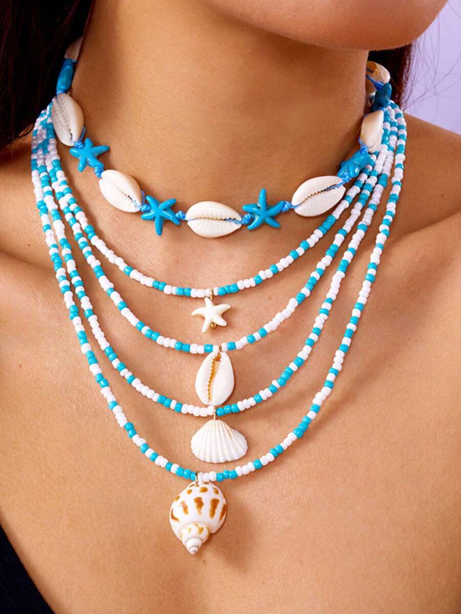 5pcs/Set Boho Multilayer Necklace With Starfish, Seashell, Bead Pendants For Women, Beach Style - Blue - View 1