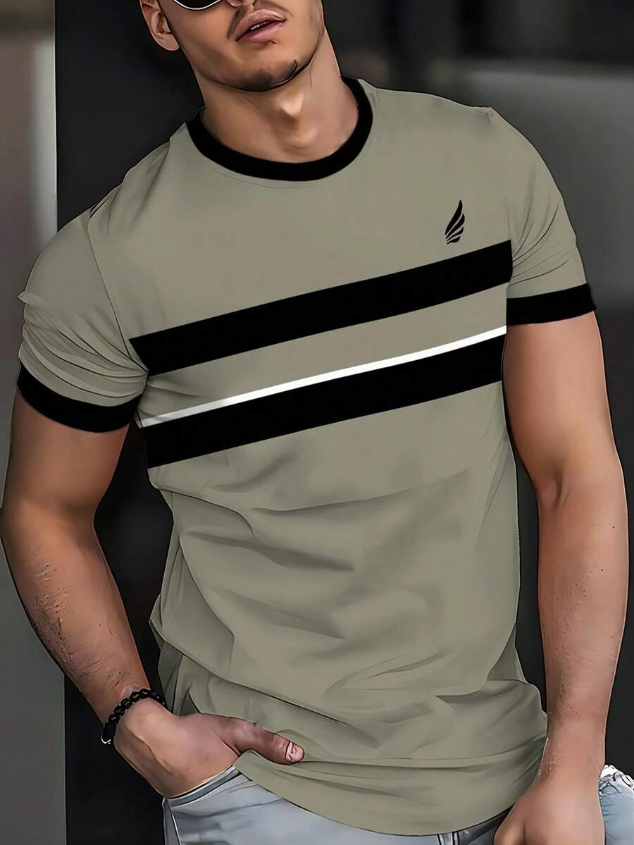 Camiseta de manga corta para hombres con estampado de colores contrastantes vintage - Multicolor - Ver 1