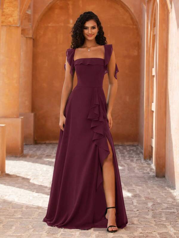 MOEVIO Elegancka sukienka damska z odkrytymi ramionami, falbanką i bufiastymi rękawami, dekoltem w kształcie litery A, rozcięciem na udzie, dla druhny, na formalny wieczór, bal maturalny, powrót do szkoły, wakacje, festiwal, sukienki jesienne dla kobiet, stroje urodzinowe dla kobiet