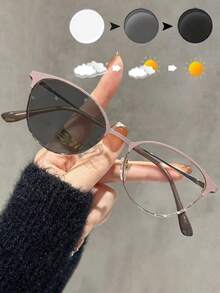 1 件户外变色金属框架眼镜，Y2K 小椭圆形框架装饰眼镜，时尚百搭，适合女性，含眼镜盒