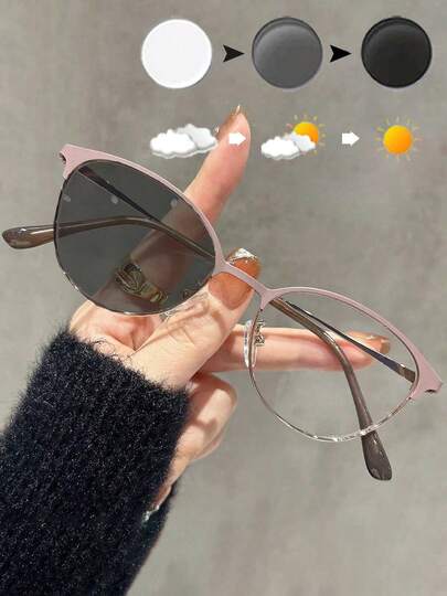 1 件户外变色金属框架眼镜，Y2K 小椭圆形框架装饰眼镜，时尚百搭，适合女性，含眼镜盒
