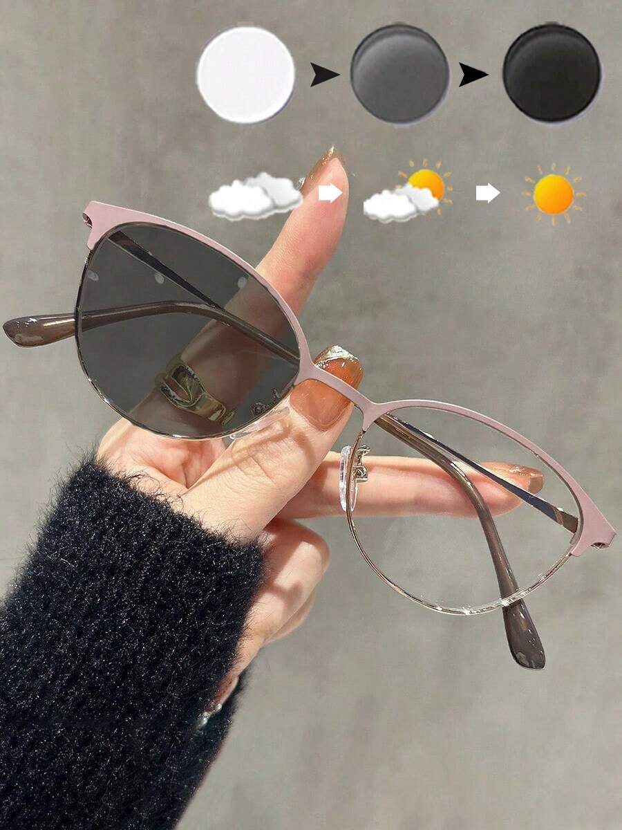 1 件户外变色金属框架眼镜，Y2K 小椭圆形框架装饰眼镜，时尚百搭，适合女性，含眼镜盒