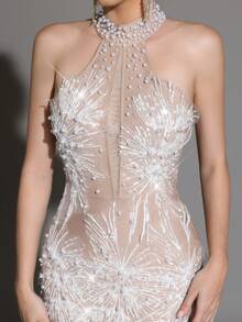 Modphy High-Quality Fashion Sleeveless Beaded Sequin Bodycon Mini Skirt, Elegant Women's Formal Party Dress, Suitable For Wedding Guests, Holidays, And Special Occasions - Apricot - View 8