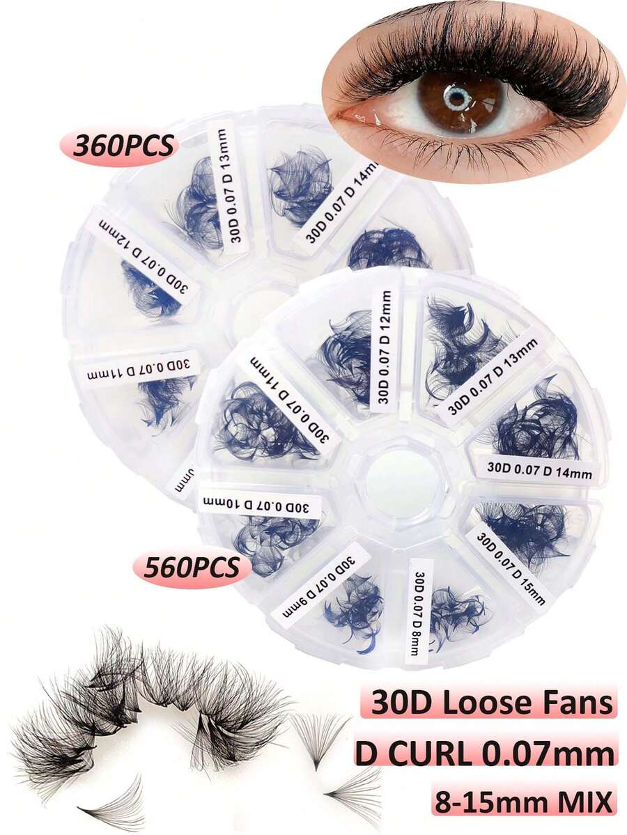 360/500/560 Lash Clusters, 20D/30D Pre-Made Fluffy Lash Extensions, Mixed Tray Pre-Made Lash Clusters, C/D Curl, 0.07mm Thickness, 8-15mm Mixed Length Pre-Made Lash Clusters, Handmade Pointed Loose Lash Clusters, Thin Base (20D/30D -0.07mm C/D, 8-15mm) - D - View 1