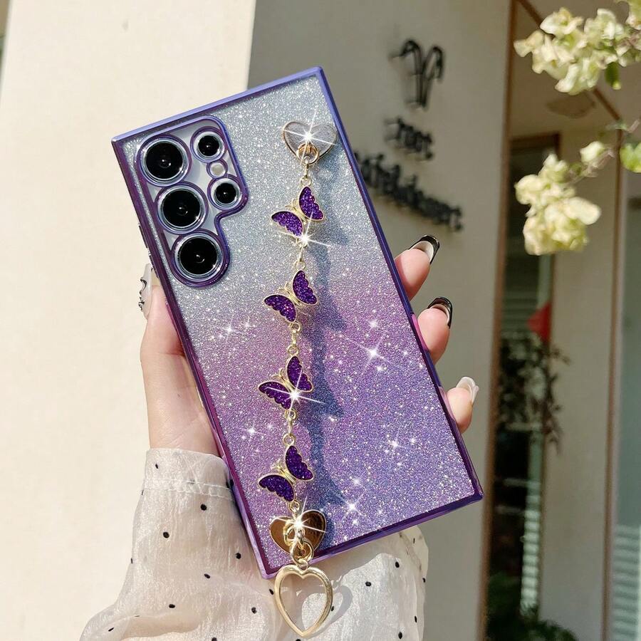 DIY 手链和手机壳套装：电镀边缘防摔手机壳 + 心形 DIY + 闪光卡 + 隐藏式电镀闪光支架 - 兼容 Apple 16/15 Pro Max、A35/A15、S24/S25，整套手机壳兼容 Apple、Moto/Redmi Note 14 防水防震防刮 - 紫色 - 查看 1