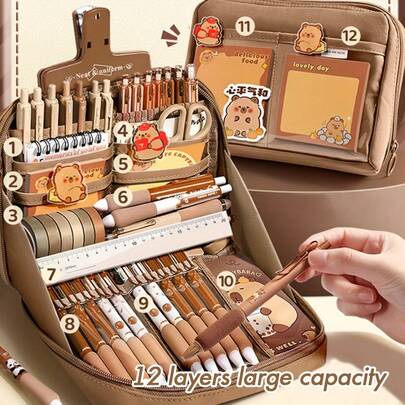 Capybara 文具礼盒套装，软笔、笔记本、铅笔盒及配件，以及学生返校必备的可爱动物主题学习套装