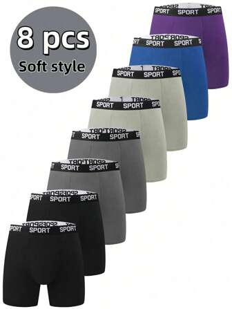{Soft Style}8 Pieces Of Men's Sports Solid Color Flat Angle Underpants, Breathable Soft Fabric, Comfortable Elastic Letter Waistband, Sports Sweat Absorbing And Moisture Wicking Quick Drying Underwear, Elongated Anti Pinch Hip And Leg Cut, Suitable For Everyone's Daily Casual Wear