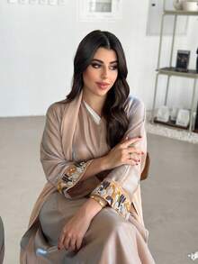 1 pièce Abaya élégante avec broderie florale pour femmes, cardigan maxi avec broderie florale brillante et magnifique sur les poignets, polyvalent pour le port quotidien, les festivals et les rassemblements