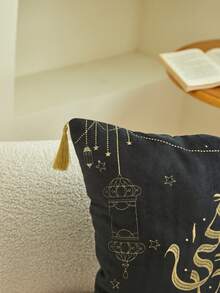 1 件开斋节绿黑天鹅绒面料配金线刺绣装饰抱枕套，手工流苏家居装饰，适合客厅、卧室、派对