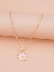 1pc Fashionable Versatile Pink Floral Oil Drop Pendant Necklace, Suitable For Gift With Card Package - Pink - View 3