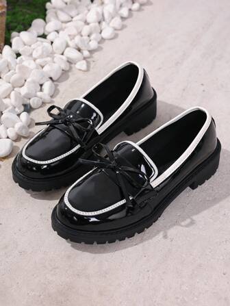 Women's New Vintage Chunky Heel Bowknot Penny Loafers, Fashion Patent Leather Oxford Shoes, Comfortable Soft Casual Slip-On Flats, Suitable For Walking, Shopping, All Seasons