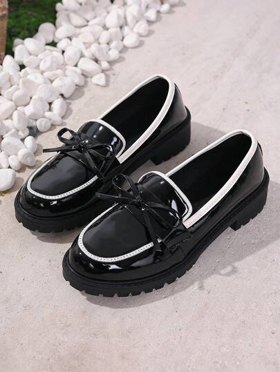 女士新款复古粗跟蝴蝶结便士乐福鞋，时尚漆皮牛津鞋，舒适柔软休闲一脚蹬平底鞋，适合散步、购物，四季皆宜