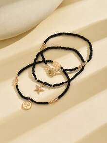 3pcs/Set Elegant Glass Beads Anklet, Colorful Starfish & Shell Pendants, Multi-Layer Stretch Beaded Anklet, Summer Beach Style, Suitable For Daily And Holiday Accessories, All Seasons (Random Color & Quantity) - Black - View 5