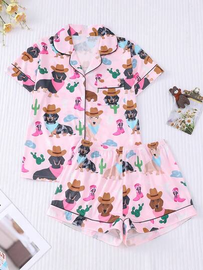 Marira 2pcs Dog Print Pajamas Set For Women, Including Short Sleeve Shirt With Collar & Button, And Loose Elastic Shorts, Suitable For Holiday Party, Casual Wear, Outdoor And Indoor, All Season