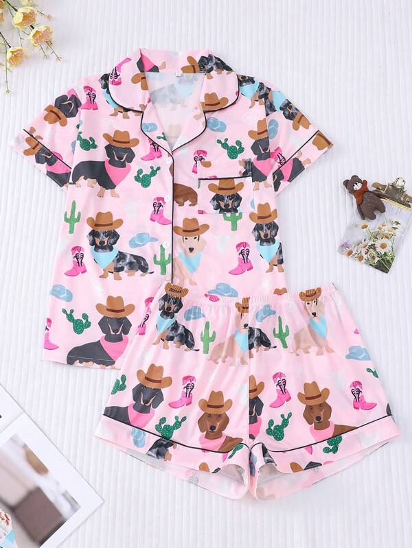 Set de 2 piezas de pijama con estampado de perros para mujeres, que incluye una camisa de manga corta con cuello y botones, y shorts sueltos con elástico, adecuado para fiestas, uso casual, exterior e interior, para todas las estaciones
