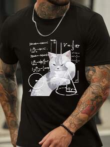Camiseta casual de algodón de 220 g para hombre: mangas cortas, cuello redondo, con estampado único de gatos y matemáticas | Perfecta para salidas de verano y deportes, camiseta de verano. - Negro - Ver 1