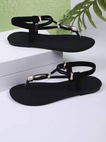 Neue Mode Frauen Riemen Slide Sandalen, stilvolle lässige römische Stil Slip-On Sandalen in Schwarz, Beige, Braun, einfarbige gewebte bequeme Strand Sandalen, von Bloggern empfohlene Sandalen mit dicker Sohle, Sommer Strandschuhe, elegante Schnallen Flach Runde Zehe Slides, geruchsresistente rutschfeste Leder Perlen Dekor einfache Outdoor Pantoffeln, vielseitige flache Slip-On Frauen Flach Sandalen - Schwarz - Übersicht 8