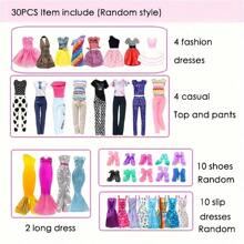 30pcs/Set Random Fashion Doll Clothes & Accessories Kit, Including Dresses, Tops, Pants, Mermaid Gown, Spaghetti Strap Dress, Shoes, Fit For 11.5-Inch Female Dolls