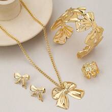 5pcs/Set European Vintage Style Bowknot Earrings, Necklace, Open Bracelet, Ring Jewelry Set
