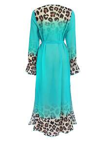 Leopard Print Chiffon Kimono Robe For Women, Lightweight Beach Cover-Up With Ombre Sash, Spring/Summer - Cadet Blue - View 2