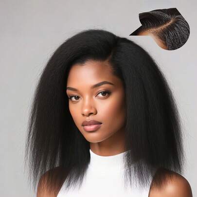 14 Inch Short Kinky Straight Lace Front Wig 180 Density Glueless Natural Black Afro Yaki Straight Synthetic Lace Front Wigs For Women Pre Plucked 5 Inch Side Deep Parting
