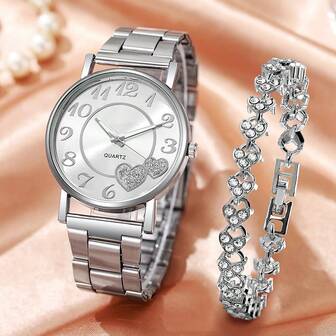 1 件女士手表女式金属表带休闲心形图案圆形表盘石英表和 1 件锌合金水钻心形装饰手链适合日常生活节日心形手链送给母亲的最佳礼物