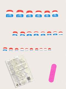 24 Peças Unhas Postiças Curtas Francesas em Forma de Quadrado, Gradiente Vermelho Branco Azul para Dia da Independência, Trabalho, Encontro, Festa, Viagem com Adesivos, Lixa e Fixador de Gelatina Aleatório