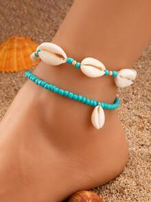 Fashionable Ocean-Themed Shell & Turquoise Beaded Adjustable Anklet, Waterproof Wax Rope Braided, Unisex For Beach Vacation Party - Anklets - View 13