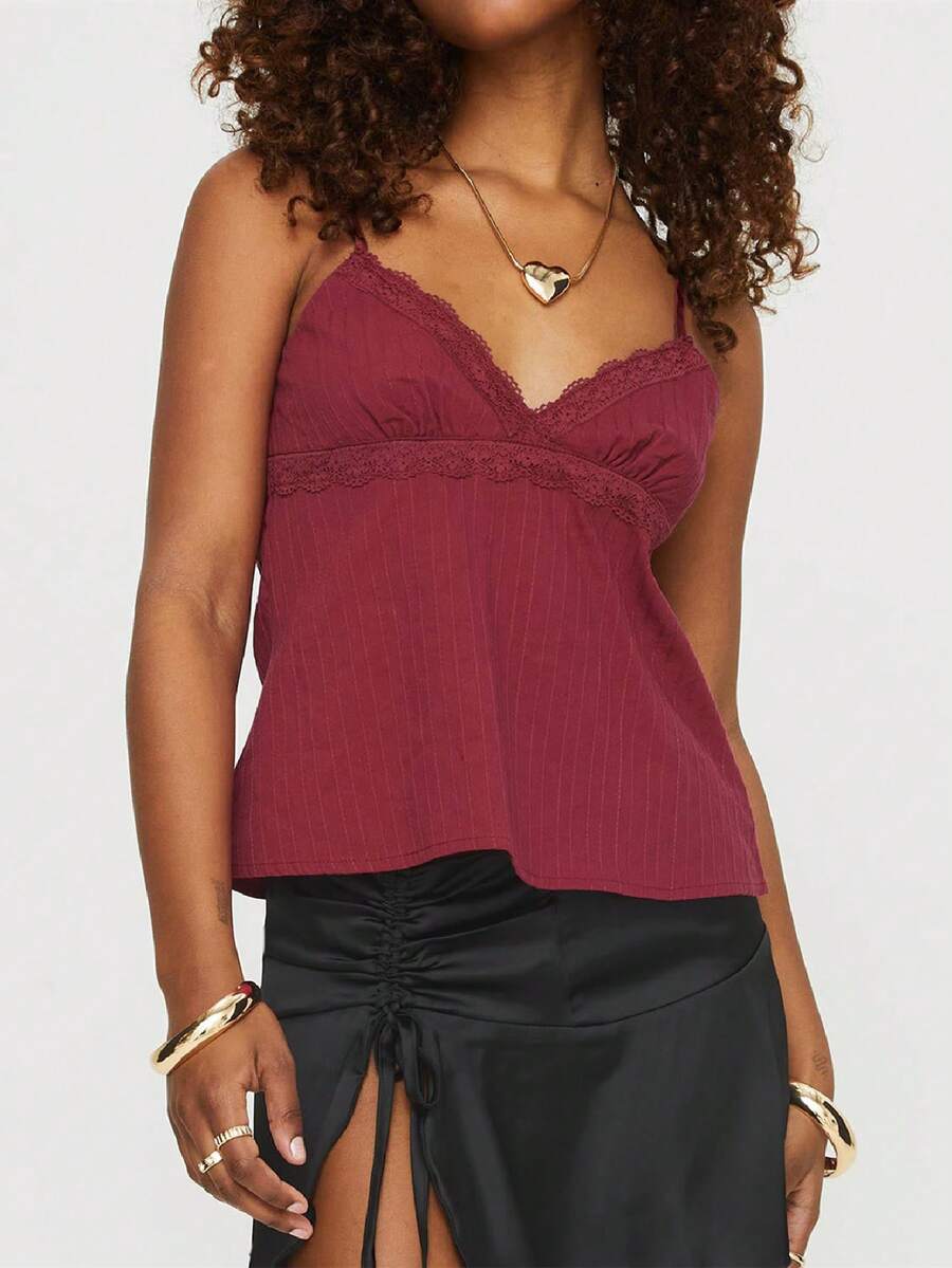 Women Babydoll Tank Tops Y2k Spaghetti Strap Cami Peplum Top Flowy Sleeveless Shirts Camisole - Màu Đỏ Sâu - Xem 1