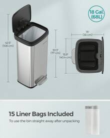 SONGMICS Kitchen Bin, 68L Rubbish Bin, Metal Waste Pedal Bin With Lid, Tall And Large, , Silver And Black