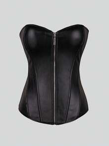 1 szt. Czarna skóra PU Seksowna Plus Size Kobiety Topy Zamek błyskawiczny z przodu Sznurowany Gorset Wieczorna randka Wakacje Urodziny Impreza Codzienny Bez Ramiączek Shapewear Top