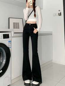 女士休闲日常纯色斜插口袋喇叭牛仔裤 春季款 - 炭黑 - 查看 5