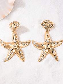 1 Pair Vintage Fashion Creative Metal Crystal Starfish & Shell Design Earrings For Women - Yellow Gold - View 4