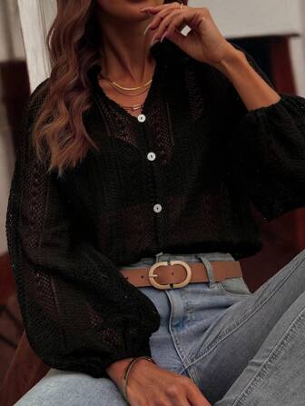 Damesblouse met V-hals en lange mouwen, enkelrijs, los, veelzijdig en elegant