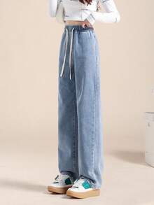 Women's Long Jeans Versatile Casual Wide-Leg Loose Regular Woven Thin Material New Retro High Waist Button Jeans Fashionable Slim Fit High Quality Affordable Best-Selling Jeans - 中藍色 - 查看 2