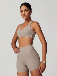 MASKERT Spring And Summer Women's Sports Suit, Vest Set, Fitness Set, Yoga Suit, Tight Fitting Running Exercise Set, High Elasticity Set, Comfortable And Skin Friendly For Home Leisure - Màu Khaki - Xem 3