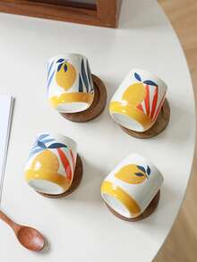 4pcs Elegant Lemon Creative Ceramic Espresso Cups Set With Wooden Tray, Couple/Family Weekend Coffee Mugs, Daily Italian Demitasse Cups, Afternoon Tea Novelty Dopamine Mugs, Small Water Cups - Multicolor - View 5